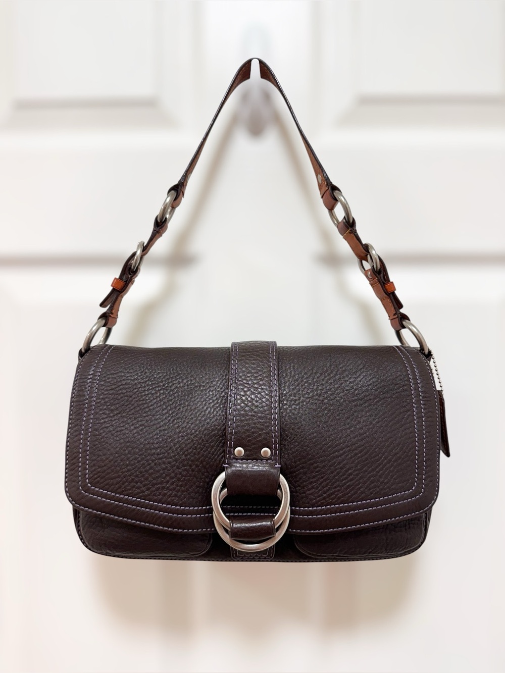 Coach Chelsea Pebbled Leather Flap Shoulder Bag Chocolate Brown 10933